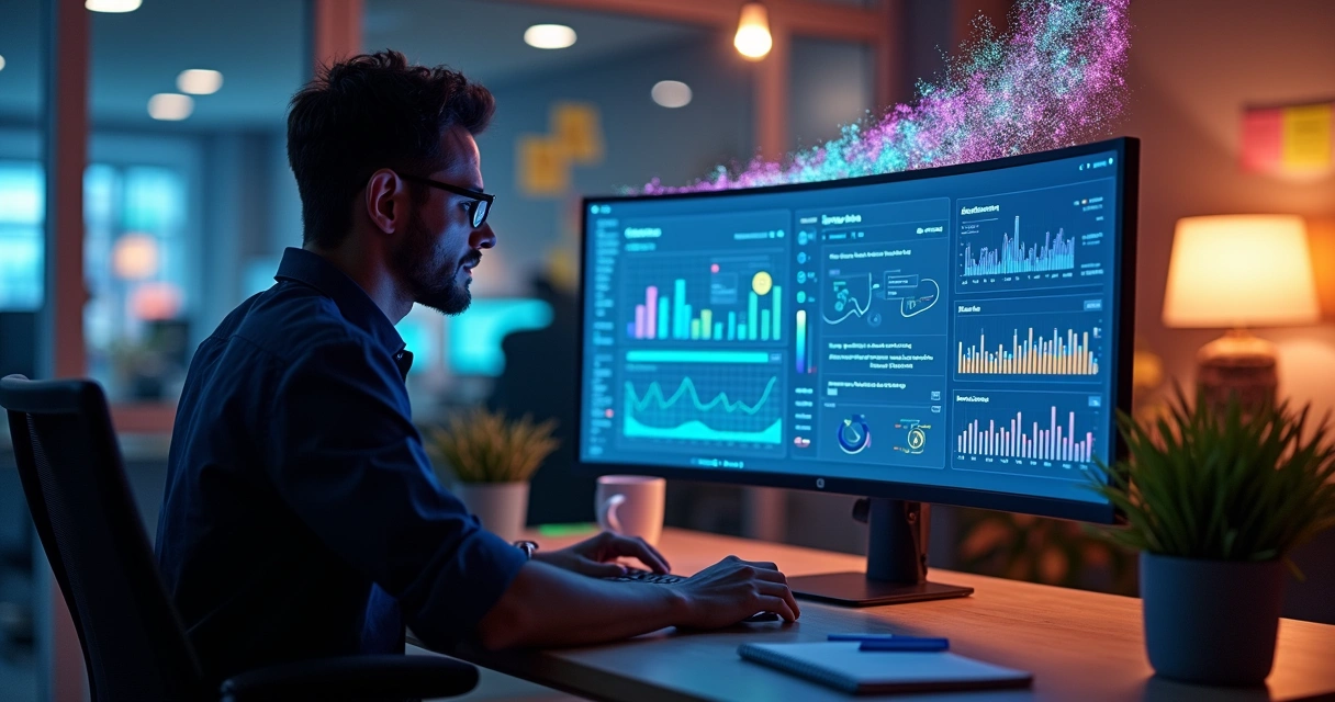 Analista interagindo com painel digital de dados avançados 