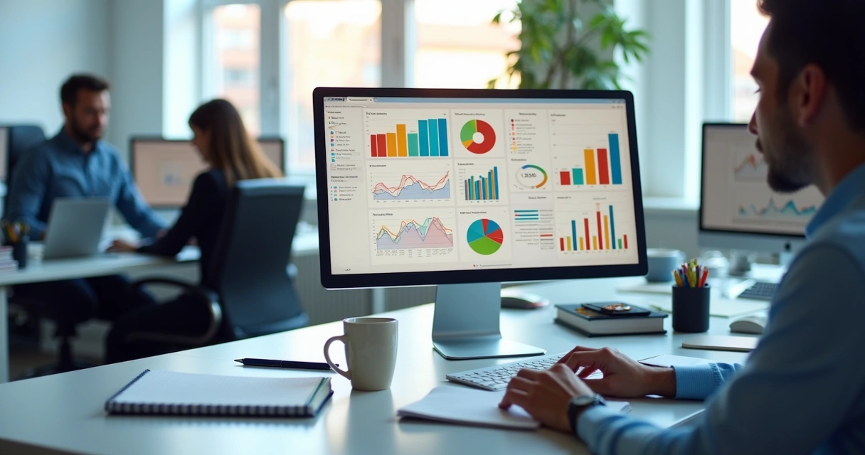 Dashboard com gráficos de análise de dados em tela de computador.