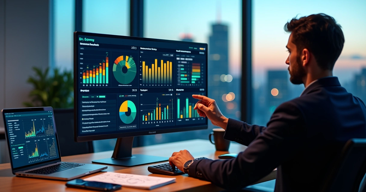 Profissional analisa dashboard corporativo com indicadores em grande tela 