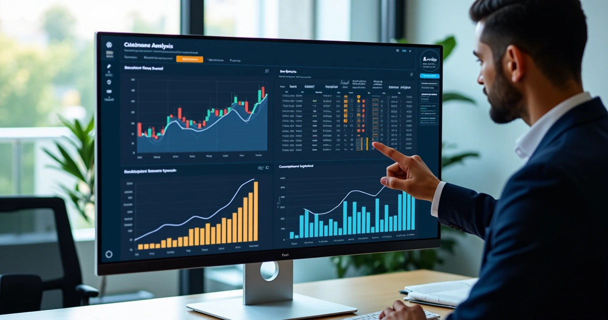 Tela de dashboard de análise de dados de empresa, gráficos coloridos e tabelas claras 