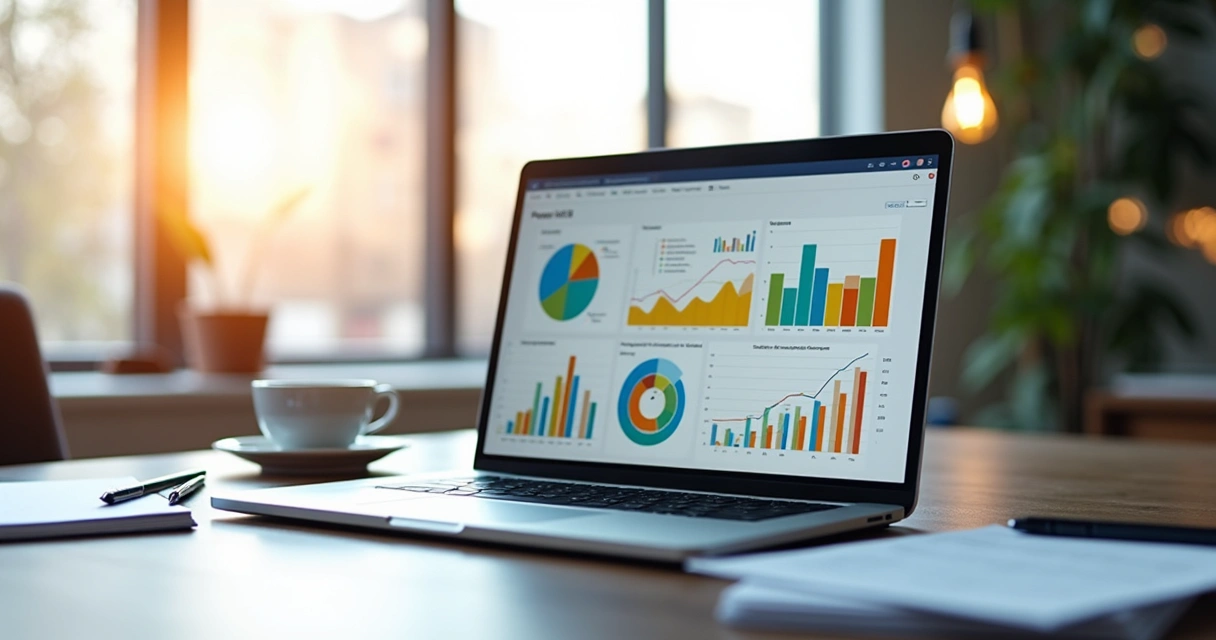Dashboard de análise de dados com diferentes visualizações em um escritório profissional 