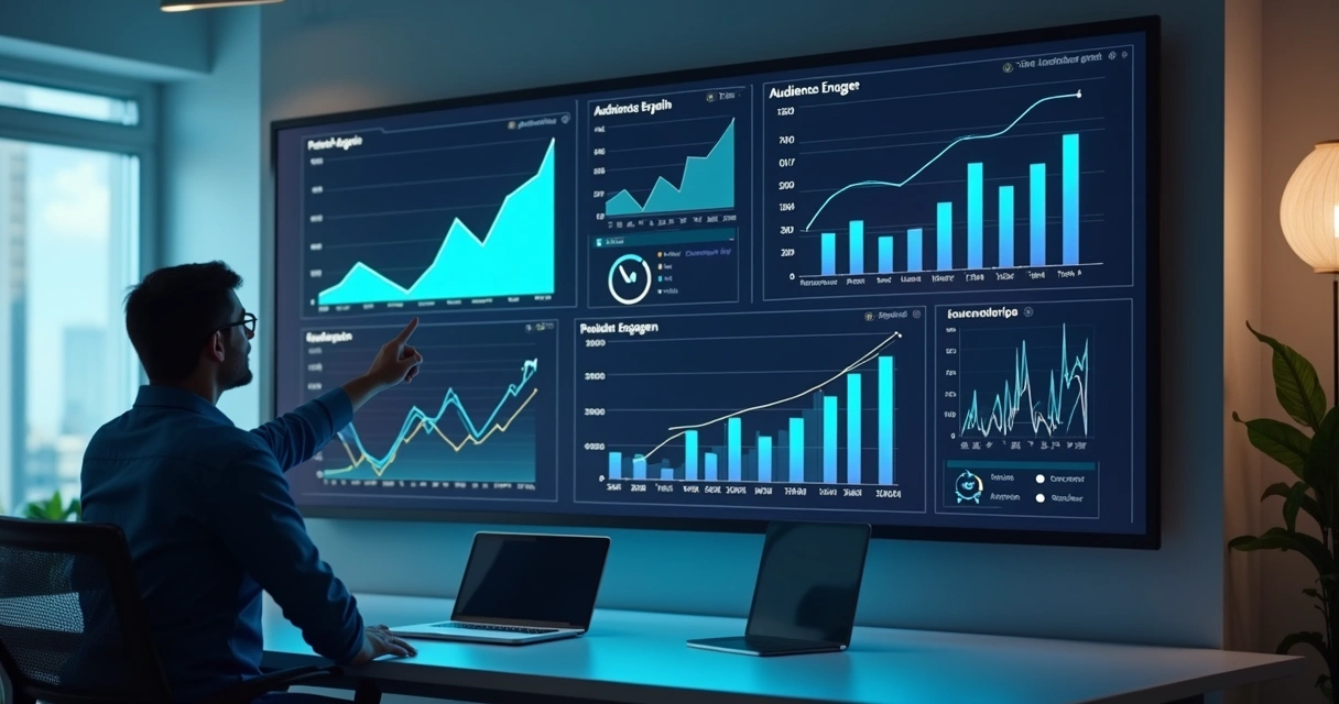 Dashboard de métricas de engajamento em tela grande 