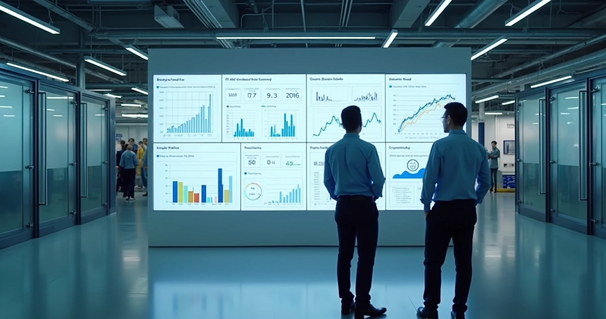 Dashboard digital industrial com gráficos e indicadores em tela grande