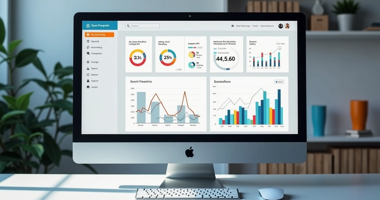 Dashboard de marketing digital exibindo gráficos e métricas coloridas 