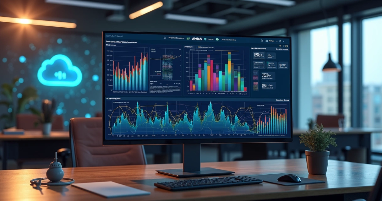 Painel digital com gráficos e análises de dados em tela de computador para negócios 