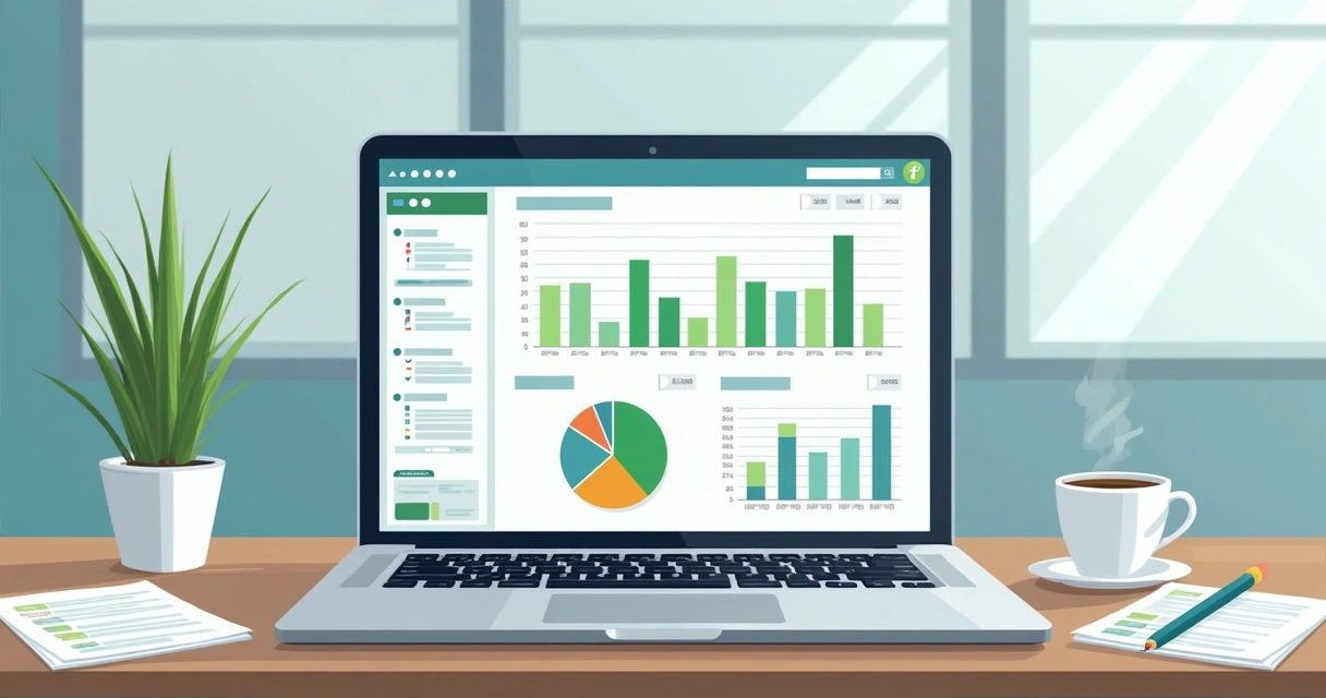 Dashboard de análise de dados exibido em notebook moderno com gráficos coloridos 