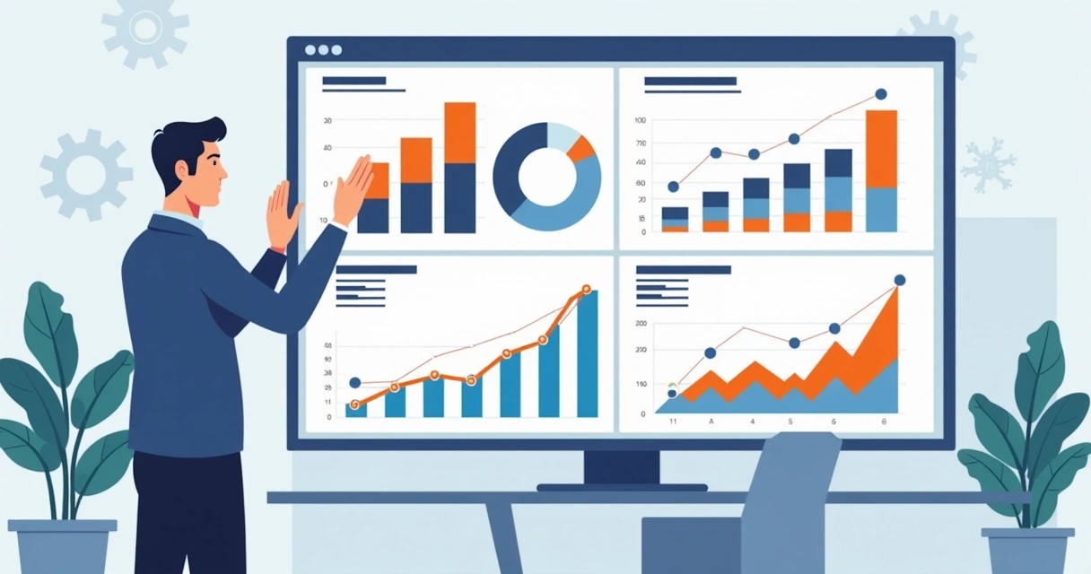 Ilustração corporativa de um profissional analisando dashboards de dados interativos no Power BI com gráficos coloridos e design moderno 