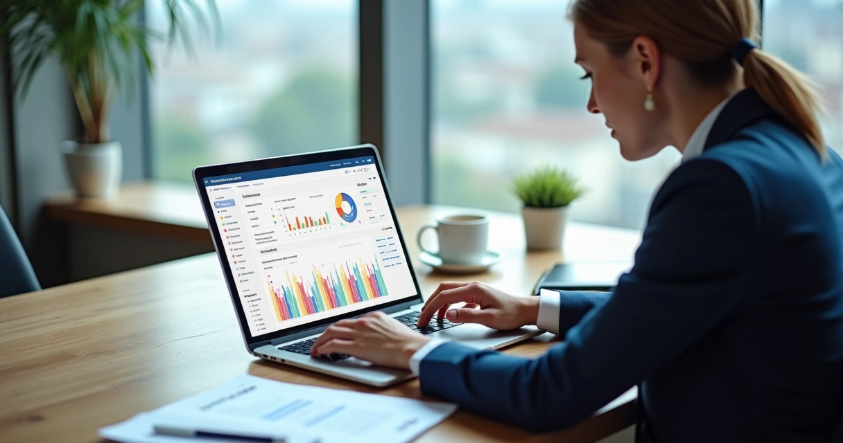 Dashboard de análise de dados de vendas na tela de um notebook em mesa de escritório 