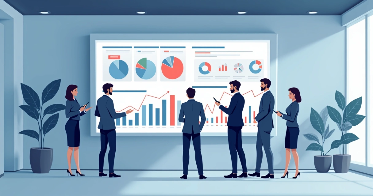 Painel de análise de dados com gráficos e pessoas analisando informações 