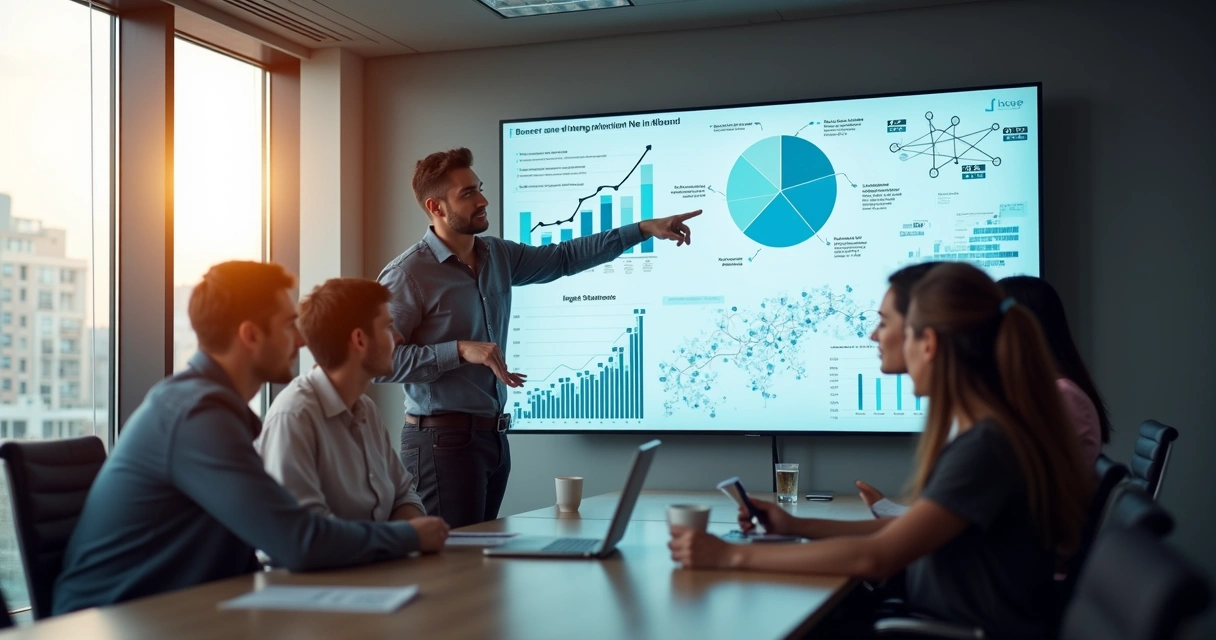 Painel de análise de dados empresariais com gráficos e relatórios em tela grande