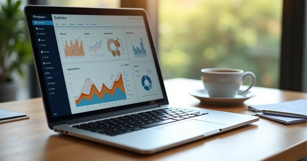 Dashboard digital com gráficos e números de análise empresarial em um notebook 