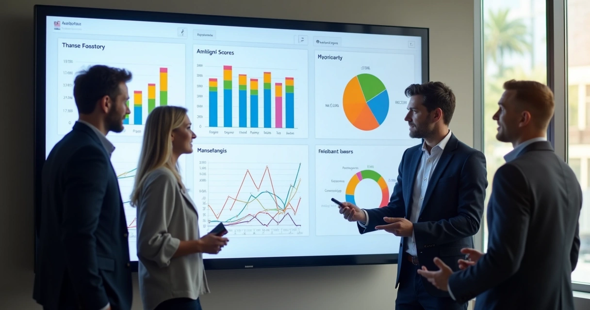 Dashboard digital com análise de feedback, gráficos de barras e setores, dados organizados