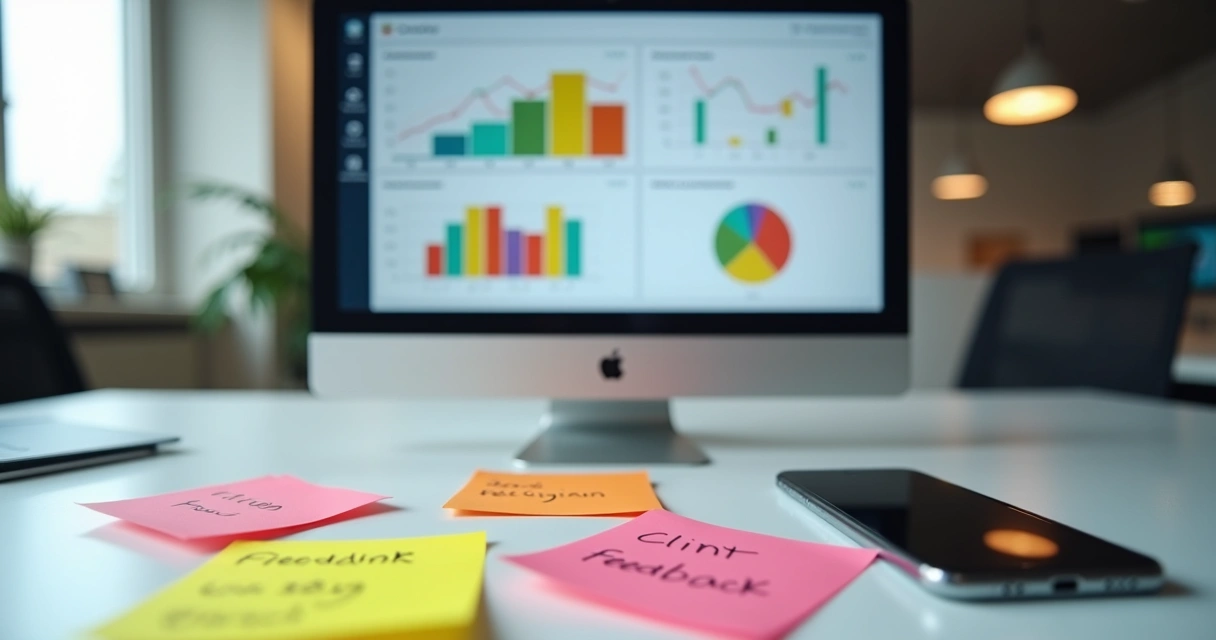 Dashboard digital com análise de feedbacks, gráficos coloridos e destaque para categorias de sentimentos.