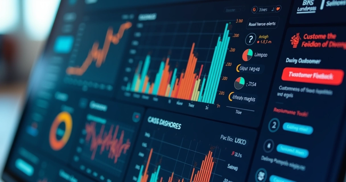 Dashboard intuitivo de análise de feedbacks com gráficos coloridos, tags e alertas de satisfação 