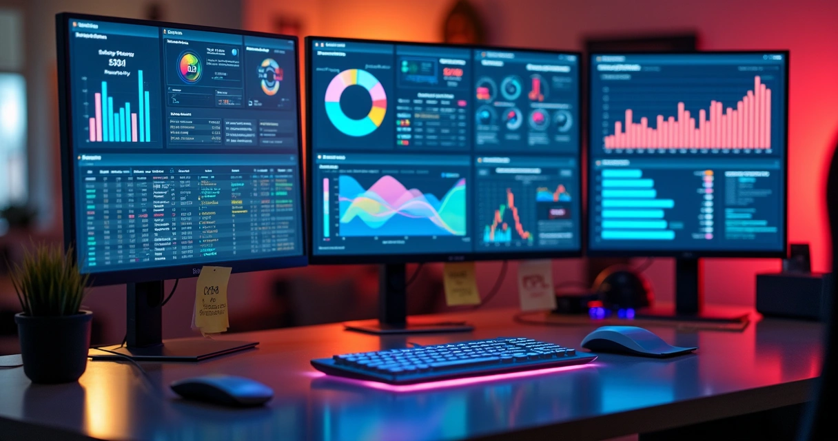 Dashboard digital colorido com gráficos, CRM e ferramentas de automação abertos 