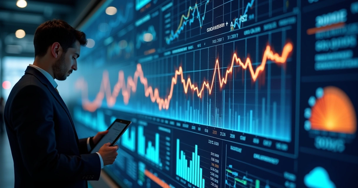 Dashboard colorido de análise financeira exibindo gráficos em tela grande 