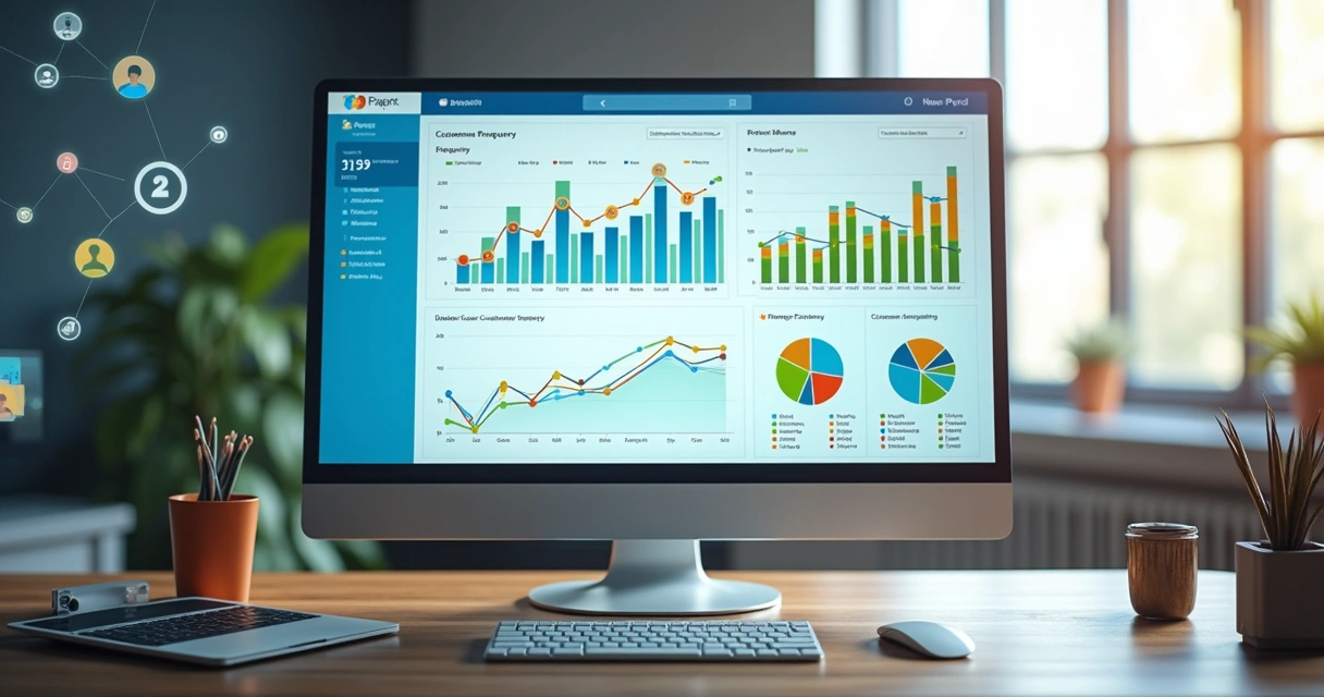 Dashboard detalhado mostrando análise de frequência de compras com gráficos coloridos e indicadores em um computador 