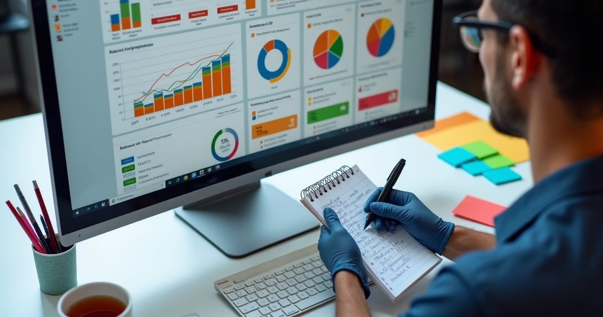 Tela de dashboard com gráficos de riscos ocupacionais e painel de indicadores coloridos