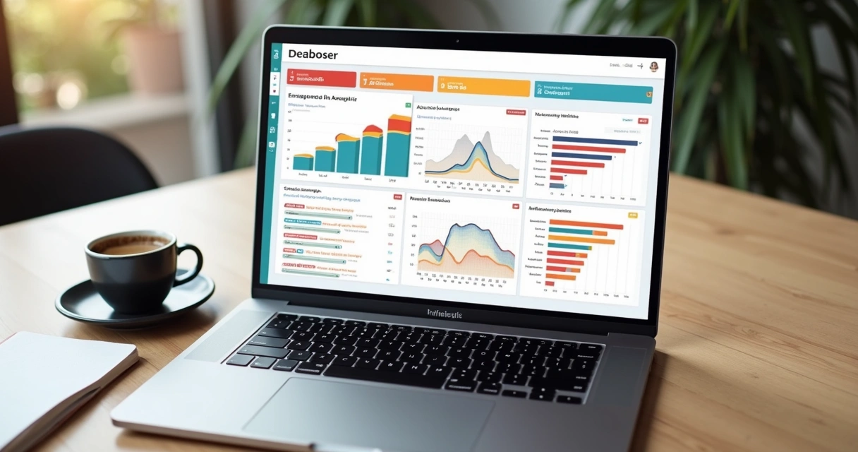 Dashboard de análises de influenciador em tela de notebook. 