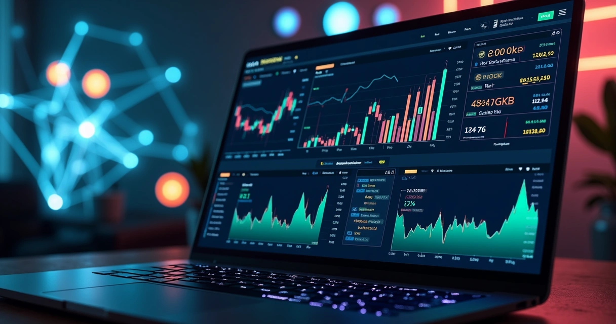 Tela de dashboard digital com gráficos e indicadores de desempenho para bots de arbitragem de criptomoedas 