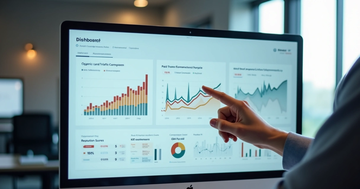 Dashboard com gráficos de análise de mercado e indicadores competitivos