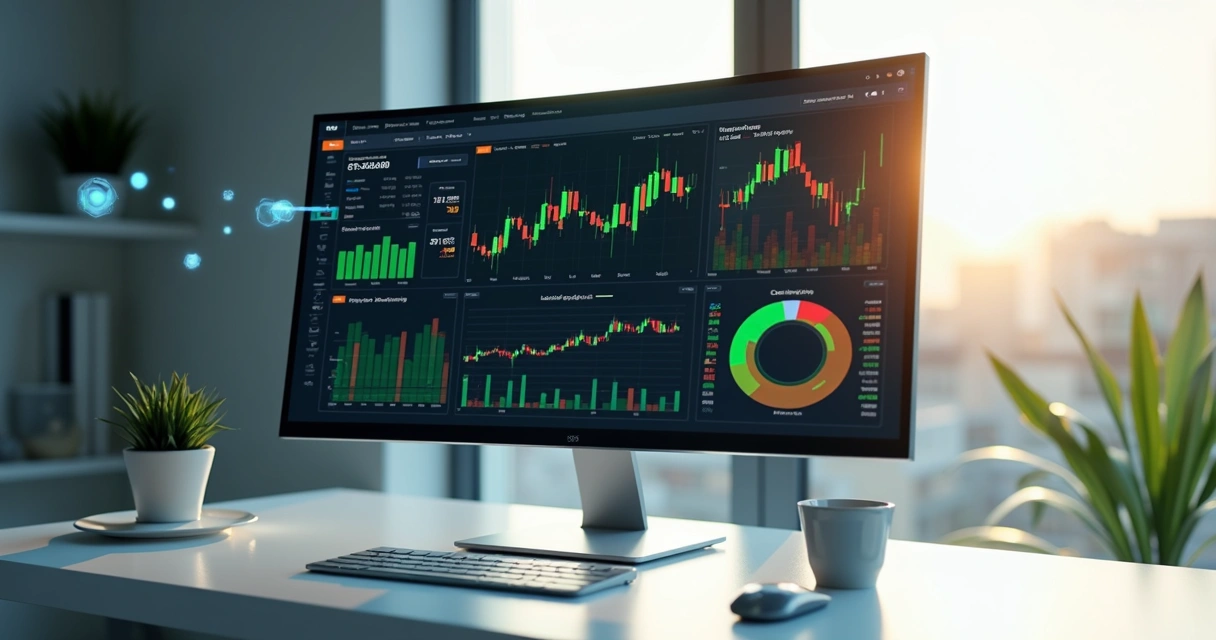Tela de computador mostrando dashboard com gráficos de desempenho de bots de trading de criptomoedas 