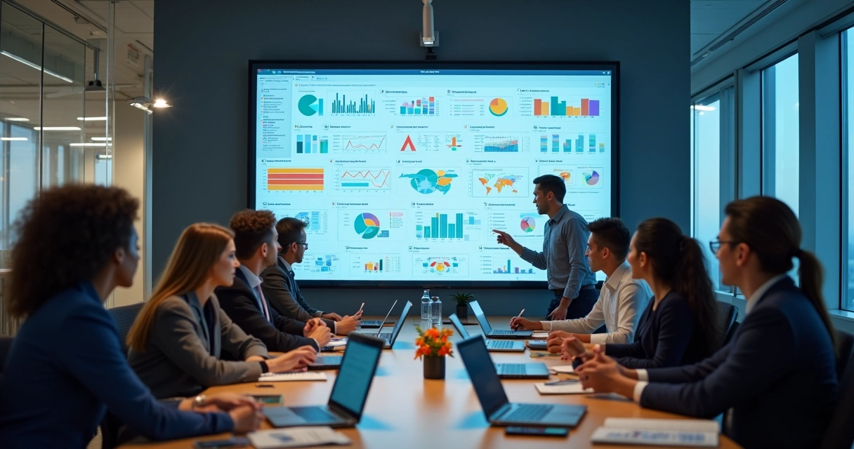 Profissionais analisando dashboard colorido em grande tela empresarial 