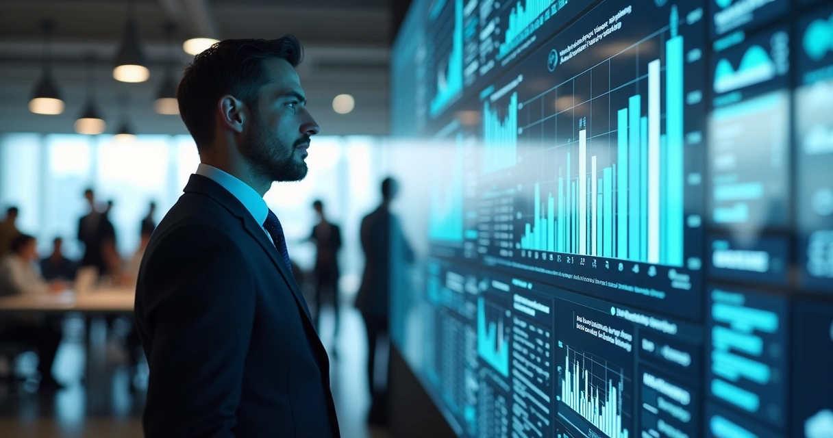 Gestor analisa dashboard com dados integrados no escritório 