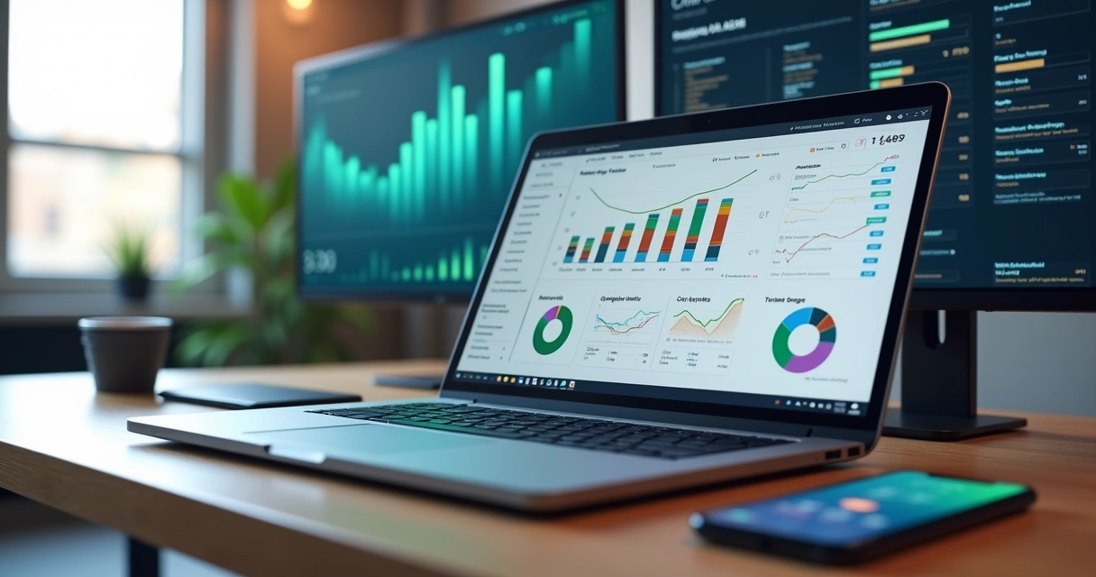 Tela com painel de análise de performance de blog automatizado em laptop 