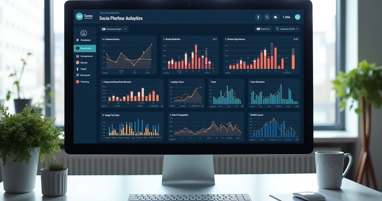Tela de dashboard com gráficos de redes sociais e métricas de engajamento 