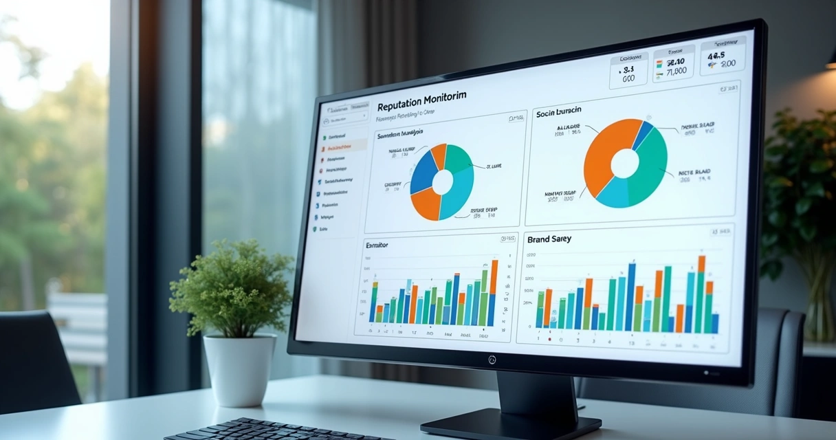 Dashboard digital em alta resolução mostrando gráficos, análises de sentimento e métricas de brand safety em redes sociais 
