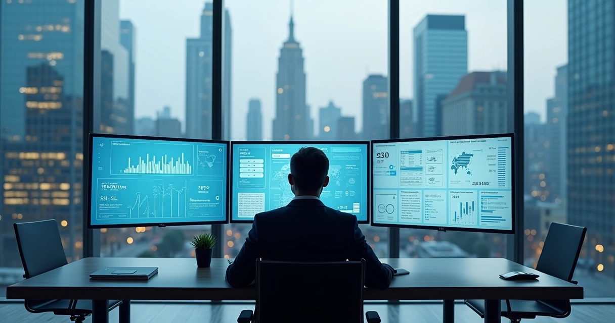 Analista de marketing observa dashboard de resultados em quatro telas na mesa 