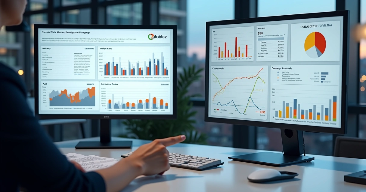 Dashboard com métricas de redes sociais em monitores 