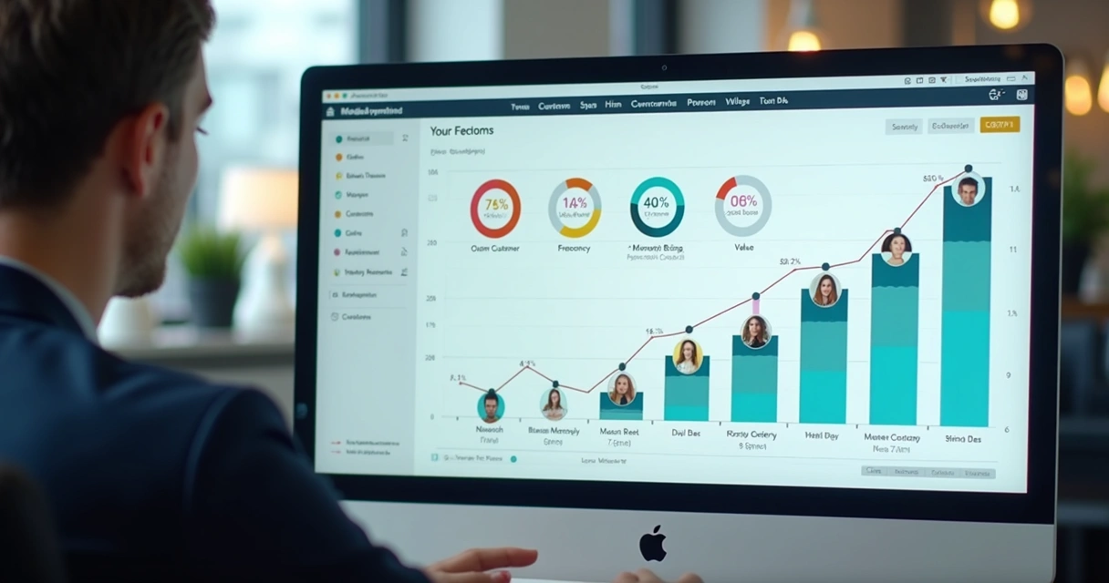 Dashboard colorido com métricas de recência, frequência e valor no e-commerce 