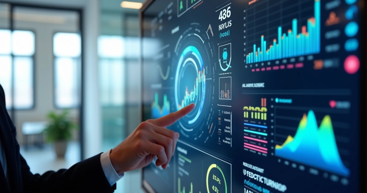 Dashboard digital mostrando análise de RH com gráficos e indicadores de IA 