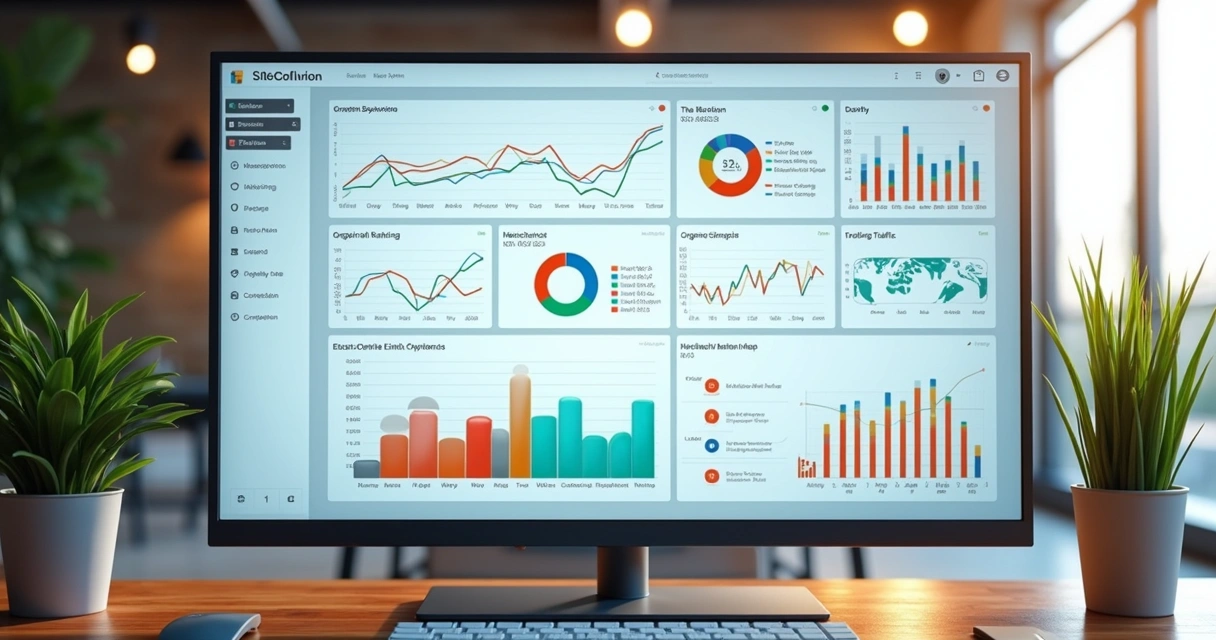 Dashboard mostra gráficos e dados de análise de SEO 