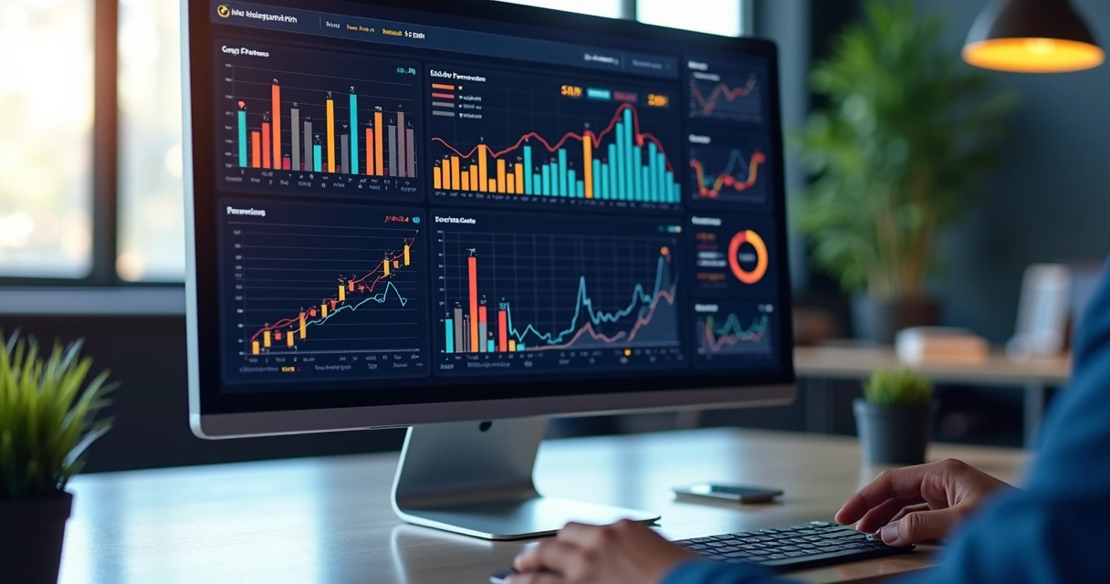 Tela de computador mostrando dashboard financeiro e comercial detalhado com gráficos coloridos e indicadores de performance 