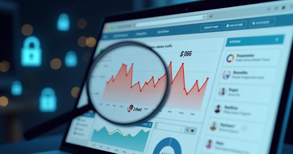 Painel de análise de visitantes de site mostrando picos de acesso e suspeitas de acessos automatizados. 