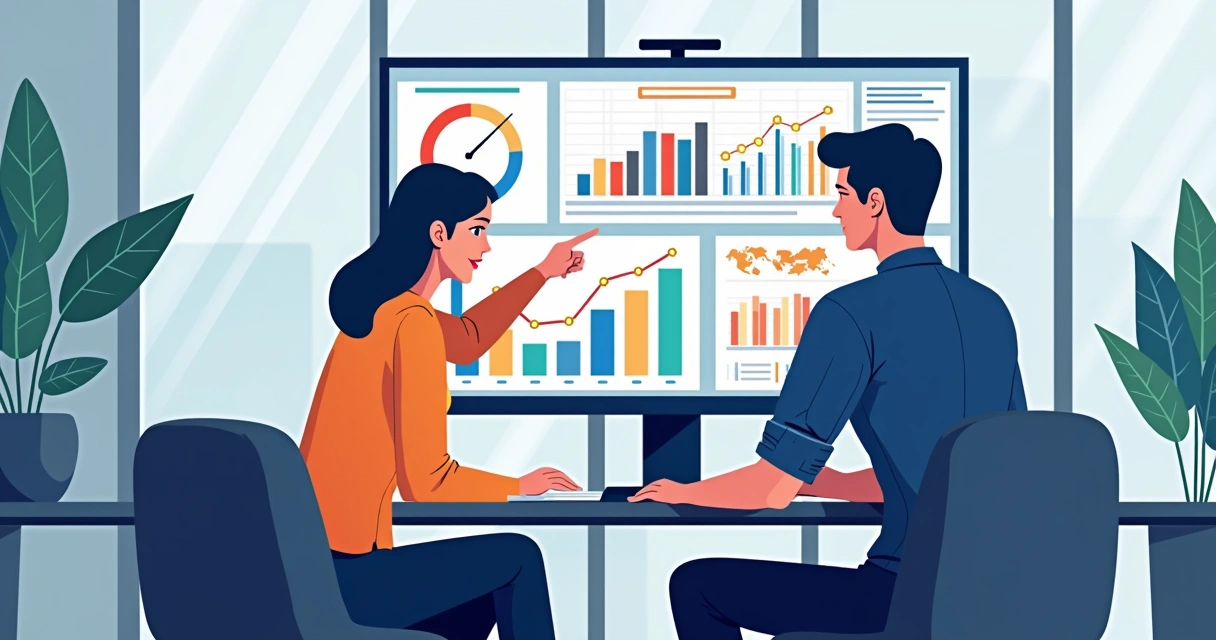 Painel analítico dinâmico com gráficos coloridos em tela ampla, em ambiente de escritório moderno