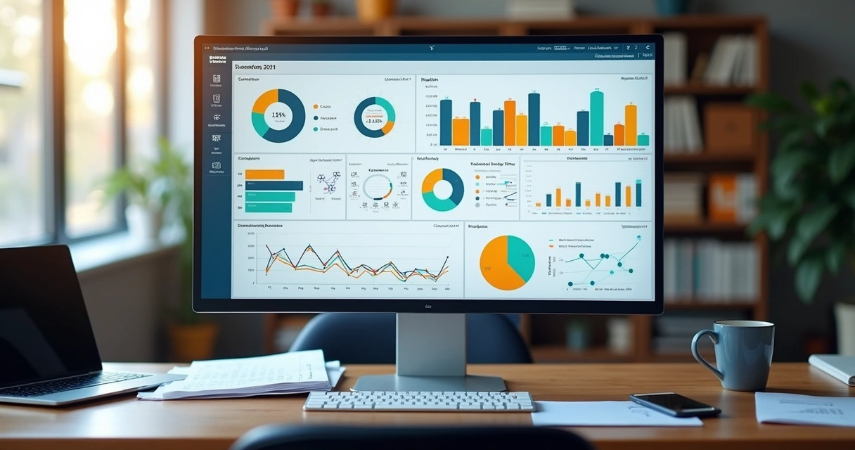 Painel de Power BI colorido em monitor de mesa, mostrando diferentes gráficos e tabelas de dados empresariais 