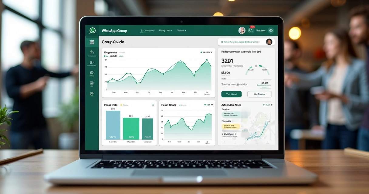 Dashboard analítico mostra insights sobre vários grupos do WhatsApp, como engajamento, horários e alertas 