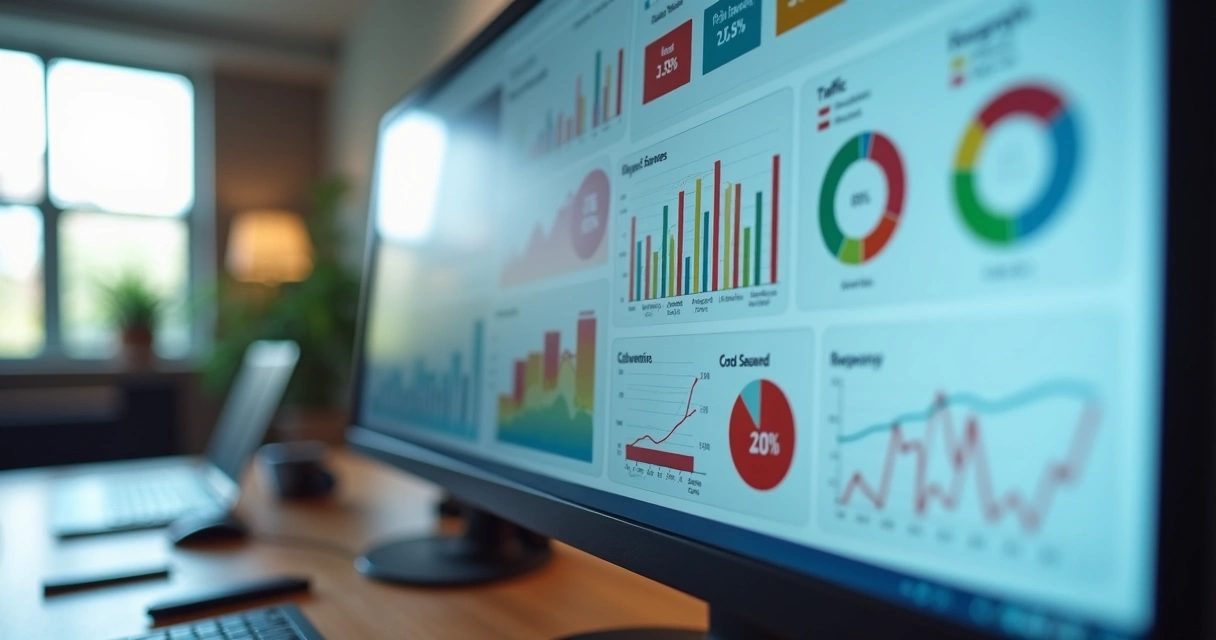 Dashboard analítico em tela de computador com gráficos de conversão e campanhas 