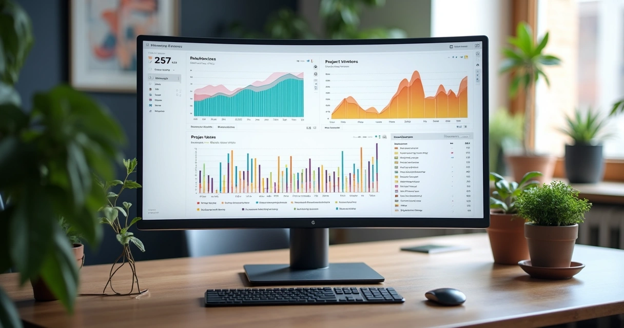 Dashboard analítico do Notion com múltiplos gráficos, tabelas e status 