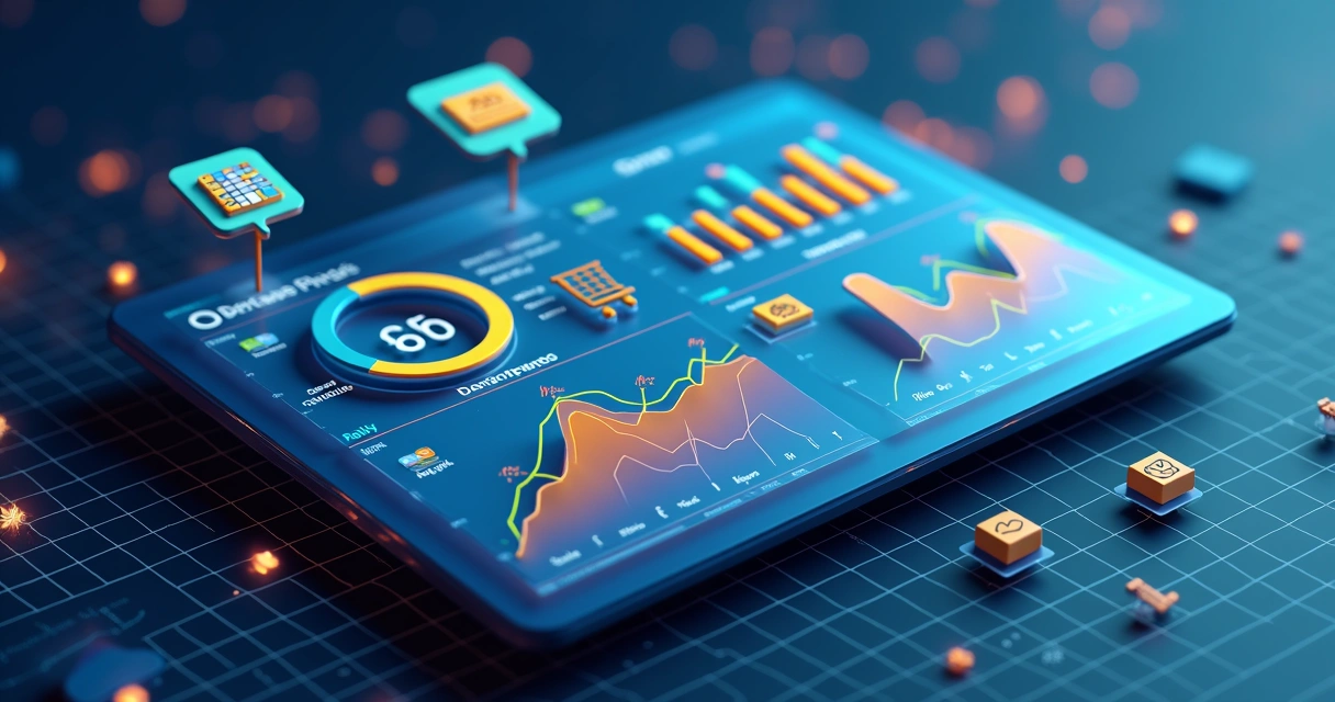 Dashboard 3D com indicadores de vendas e gráficos coloridos em tela azul escura 