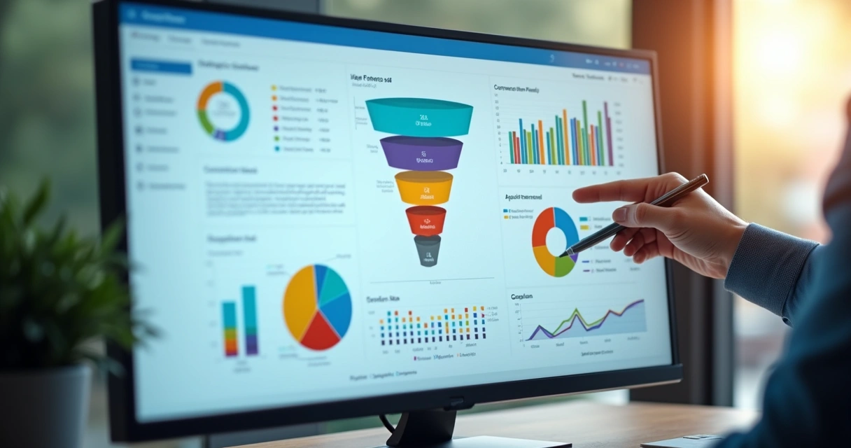 Dashboard de analytics B2B com gráficos e funil de vendas destacado 