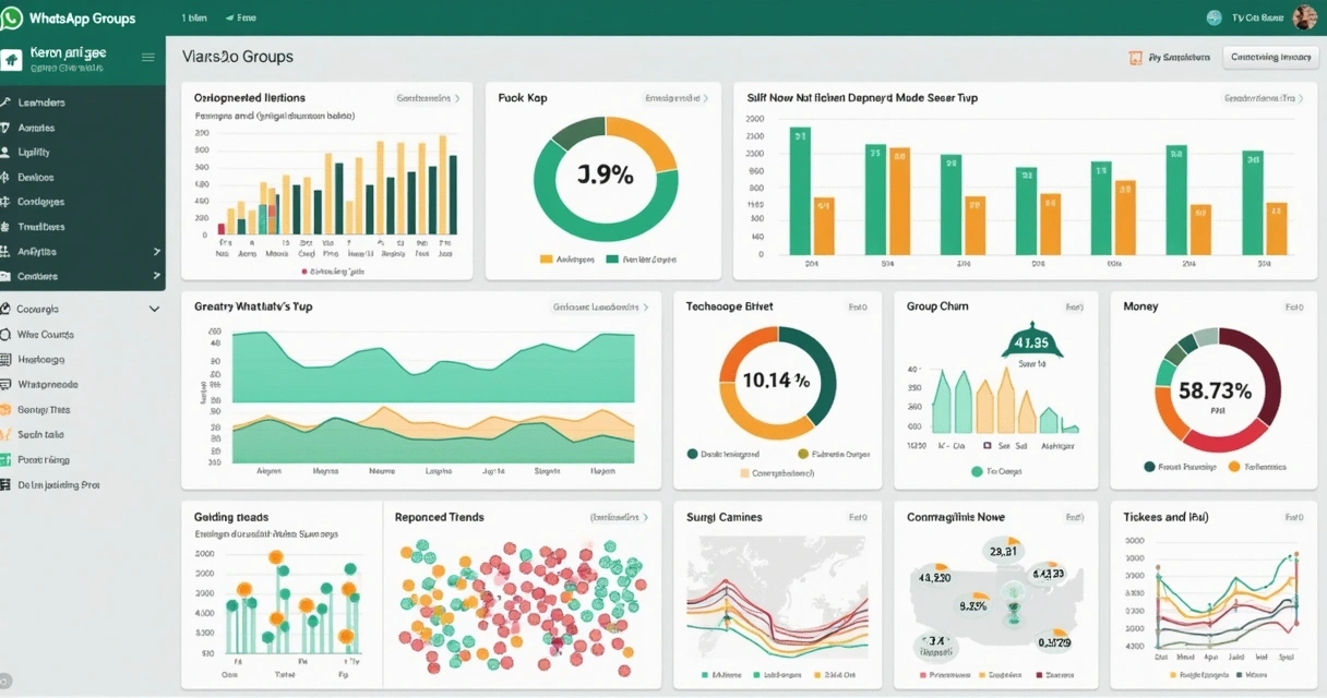 Painel de analytics de grupos WhatsApp com gráficos e rankings 
