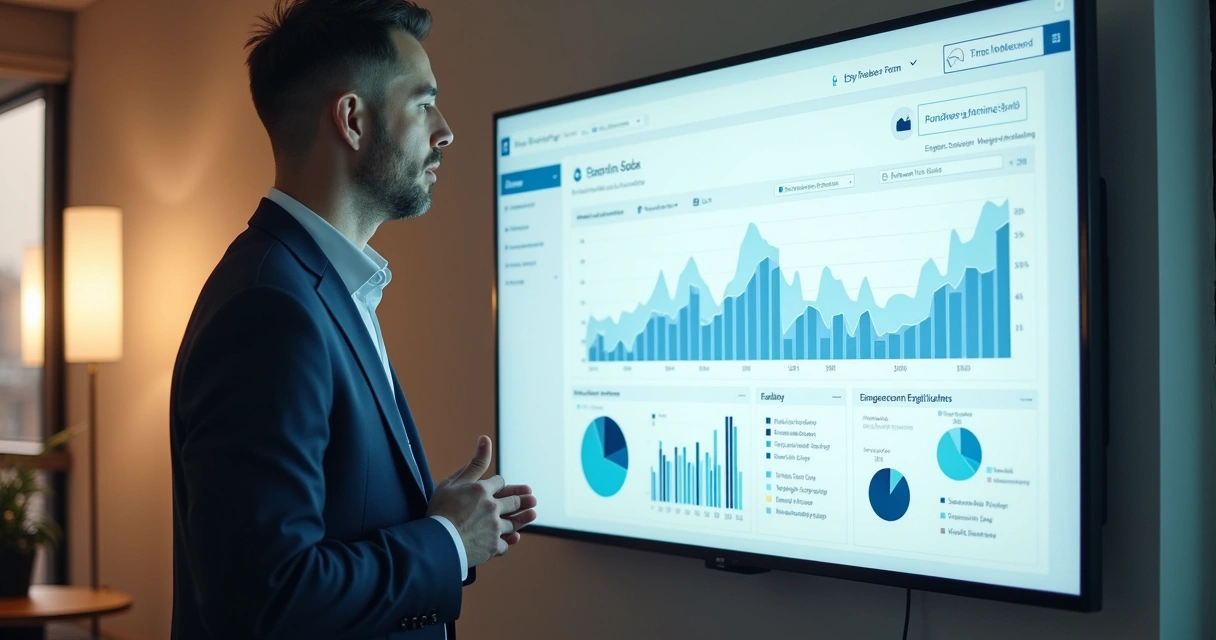 Executive com dashboard de analytics no LinkedIn com gráficos e relatórios de crescimento 