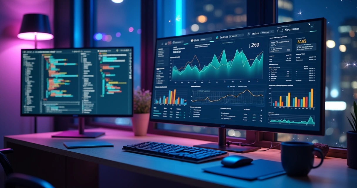 Painel de analytics conectado a um SaaS com ícones de ferramentas open source 