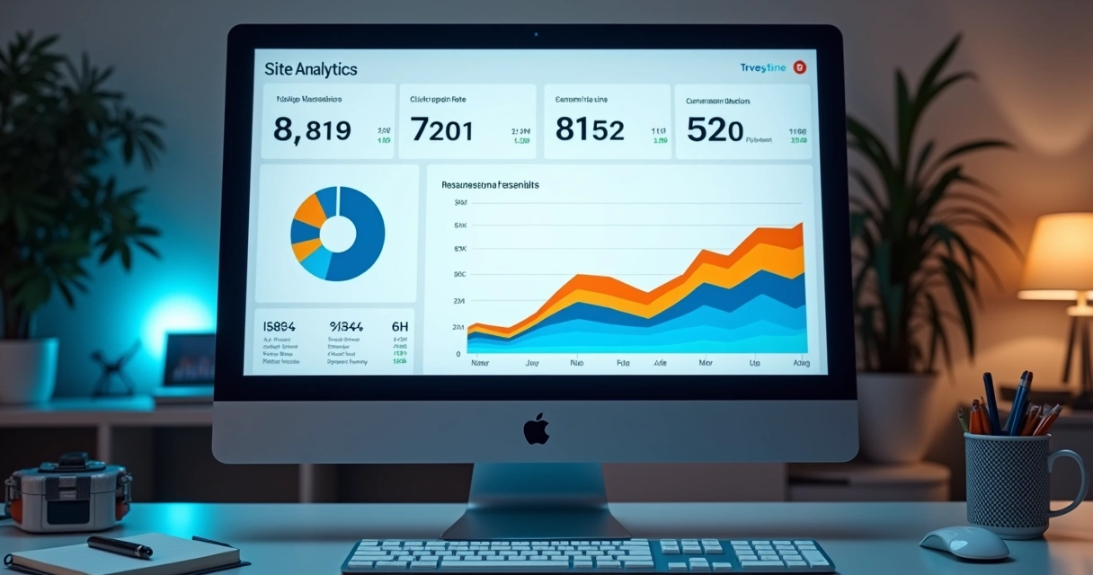Dashboard colorido de analytics com gráfico de visitas 