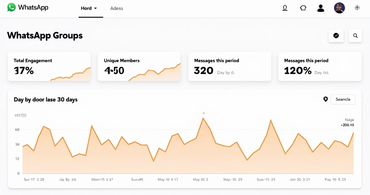 Painel de analytics mostrando gráficos de engajamento em grupos do WhatsApp 
